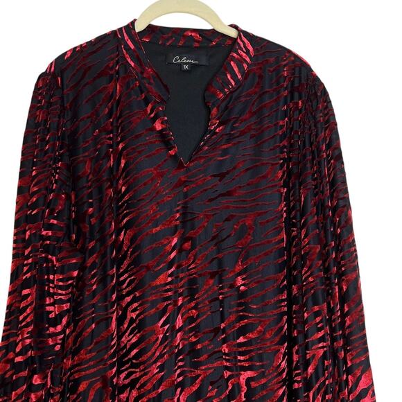 Calessa Tunic Top 1X Red Black Burnout Velvet Zebra Animal Print Holiday Party - Picture 2 of 8